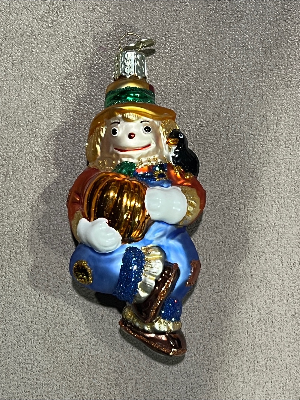 Old World Blown Glass Halloween Tree Ornament Scarecrow Pumpkin Crow Tag 4.25"